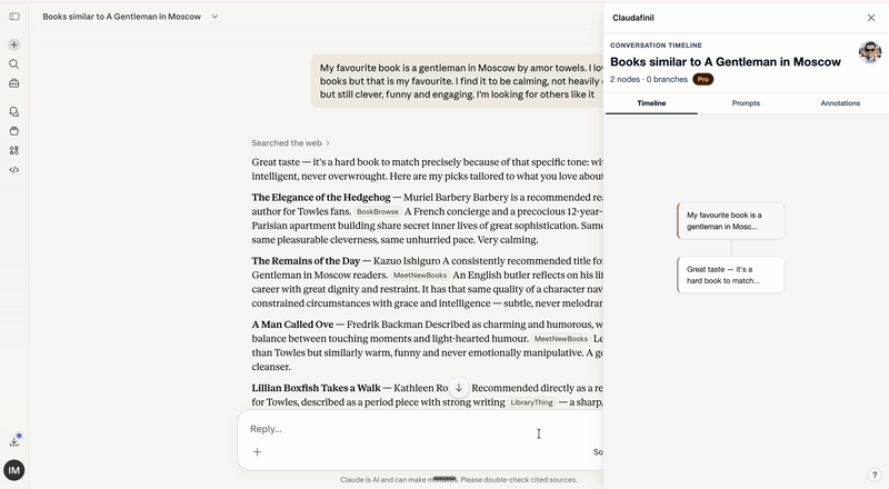Bookmarking an assistant message and viewing the Annotations tab