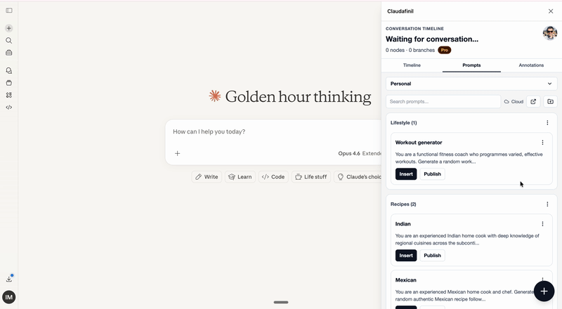 Inserting a saved prompt into the active chat