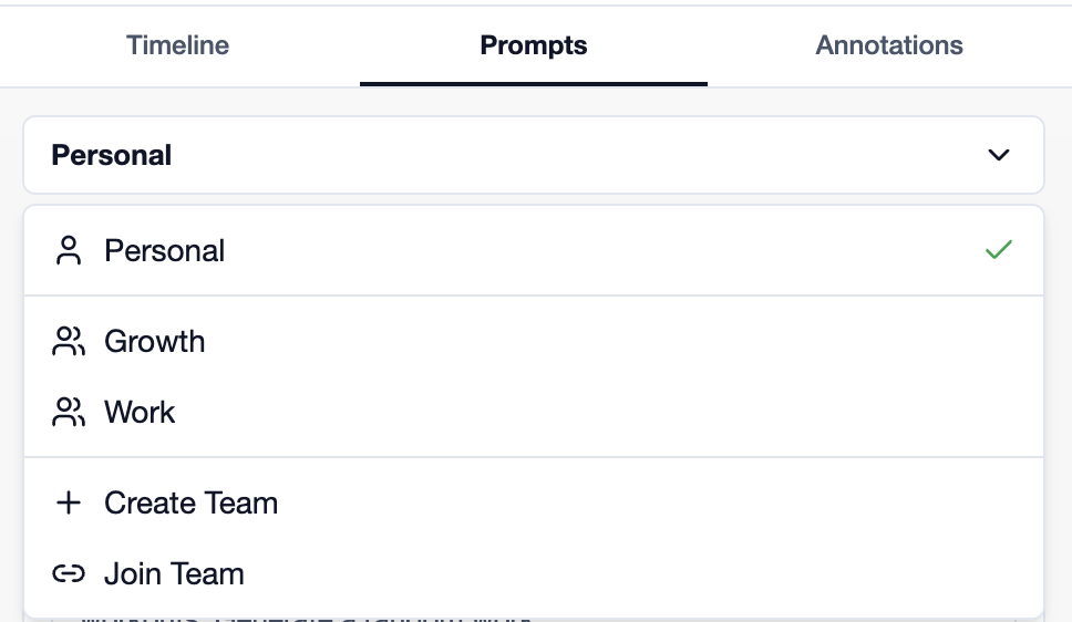 Workspace selector showing personal and team workspaces